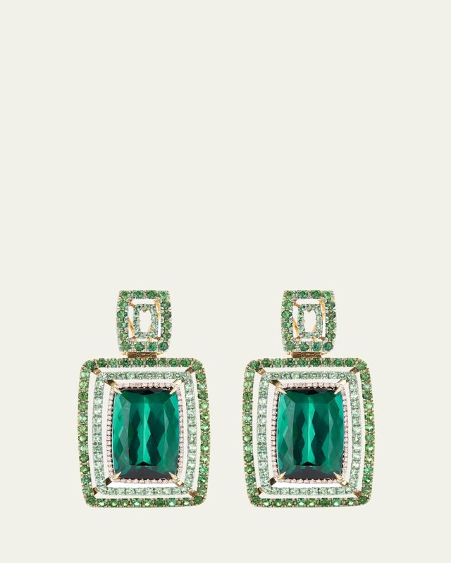 18K Yellow Gold and Titanium Chandelier Earrings with Diamonds and Tourmaline